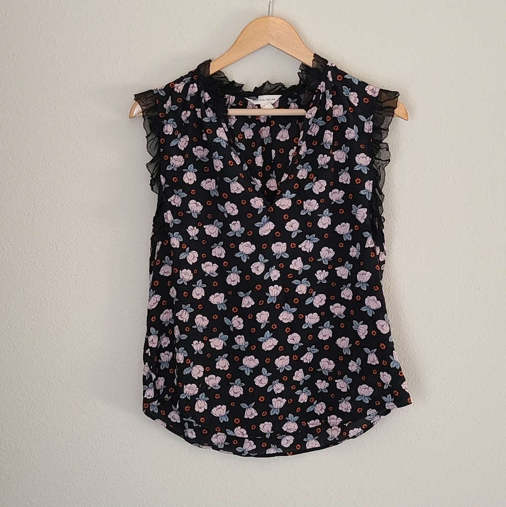 Rebecca Taylor Silk Black and Pink Floral Blouse Size 4